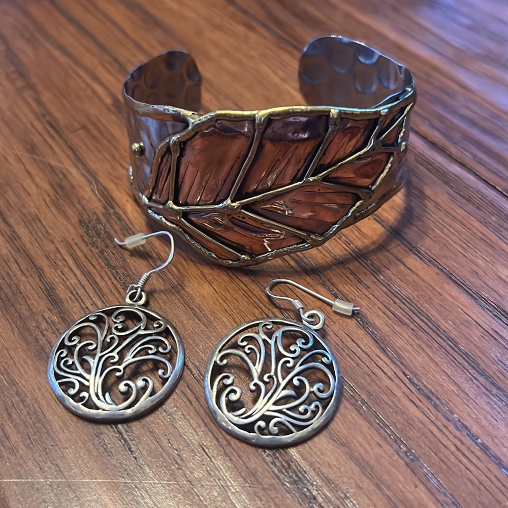 Sterling Silver Filagree Earrings & Cuff Leaf Bracelet Hammered